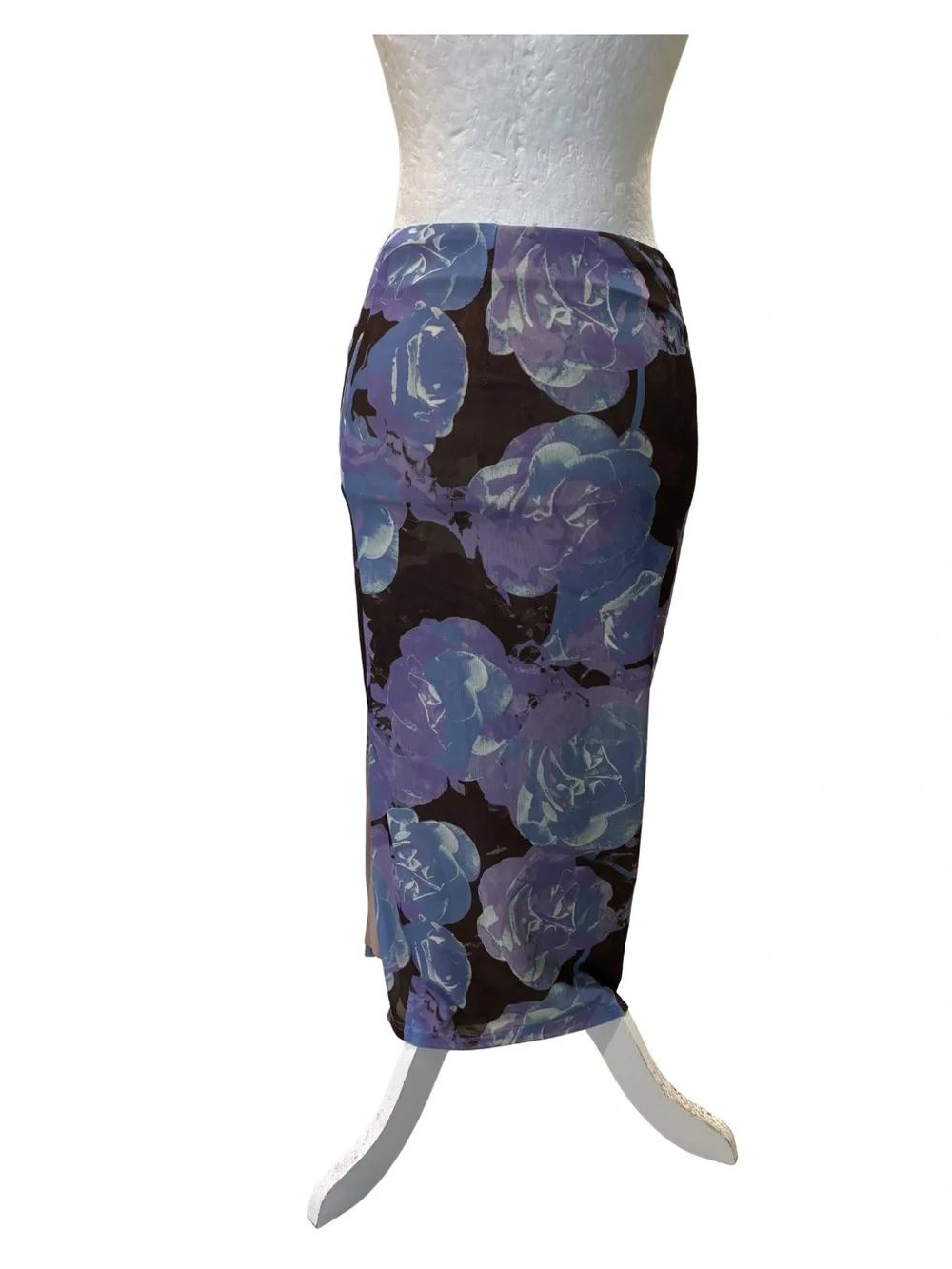White Fox XS Purple Floral Mesh Wrap Midi Skirt Side Slit Y2K Vacation Beach